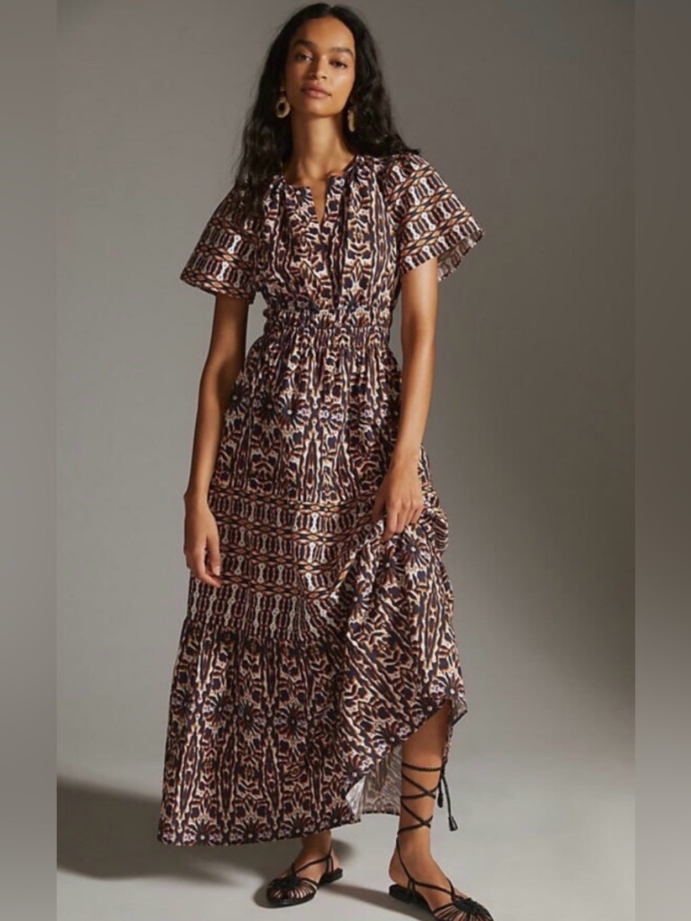 Maeve Somerset Navy, Orange & Cream Geometric Smocked Waist Dress